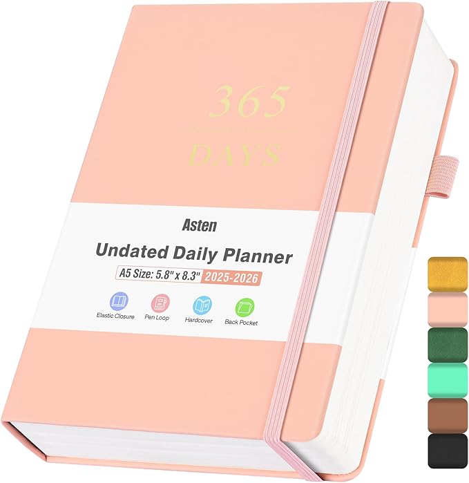 Undated Daily Planner 2024-2025, ADHD & Work Planner for Women & Men, Hourly Goal Setting, Hardcover, Start Anytime, A5, Pink