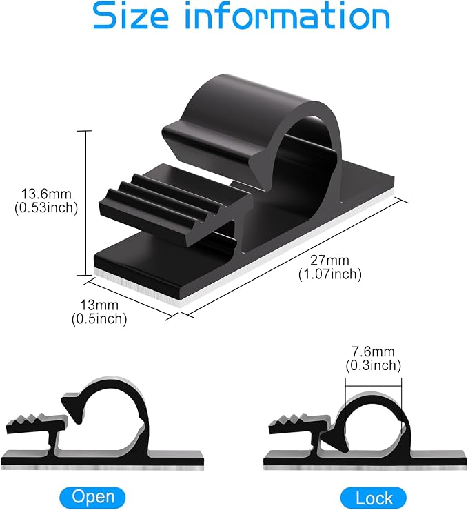 XHF 100pcs Adhesive Cable Wire Clips Black, Outdoor Cable Management Wire Organizer Cord Holder for Under Desk, Car, Wall, TV PC Ethernet Cable