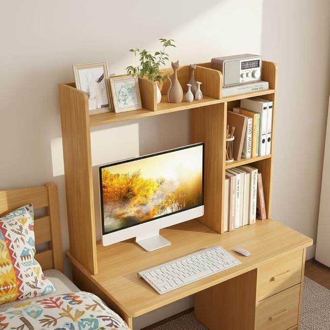 Tangkula Desktop Bookshelf, Countertop Storage Hutch with Shelves for Computer Desk, Desk 3-Tier Display Rack, Multipurpose Wood Desktop Hutch Storage Organizer for Dorm Office