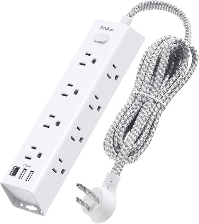 Surge Protector Power Strip - 5 FT Extension Cord, Power Strip with 12 Widely AC Outlet 3 USB, Flat Plug Wall Mount Overload Protection, 1050J, Desk Charging Station for Home Office, ETL Listed,White