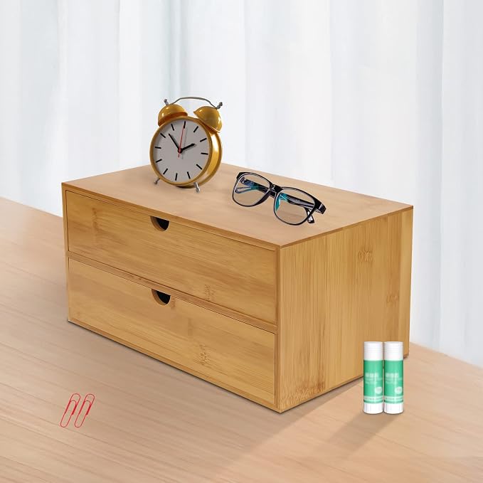 Desktop Organizer, 12.99*7.48*6.3in Bamboo Desk Organizer 2 Drawers Tabletop Storage Organization Box Wooden Countertop Drawers Organizers with 2 Drawers for Cosmetics Collections Toiletries Jewelry