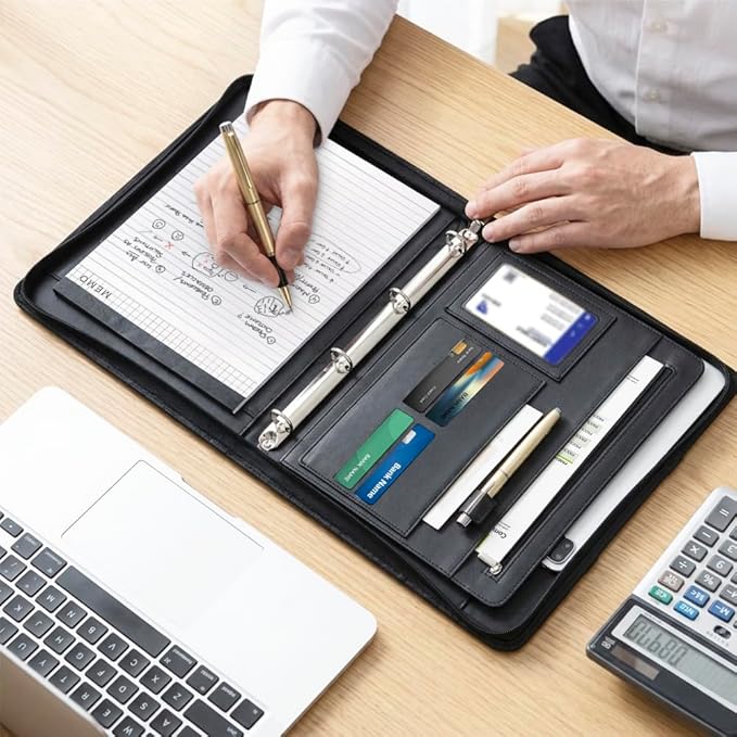 Zippered Padfolio Portfolio Binder, 40 Sleeves & Tablet Holder Case | Features 40 transparent sleeves, tablet pocket & writing pad. Textured leather for office & travel. Secure zipper closure.