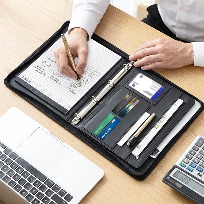 Zippered Padfolio Portfolio Binder, 40 Sleeves & Tablet Holder Case | Features 40 transparent sleeves, tablet pocket & writing pad. Textured leather for office & travel. Secure zipper closure.