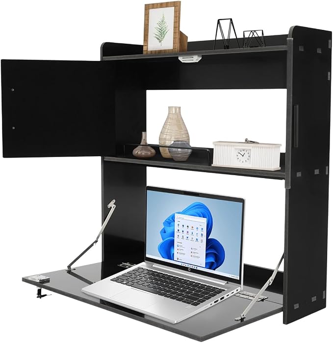 Wall-Mounted Desk Cabinet, 2-Tier Wall-Mounted Folding Table Cabinet, 22.83 * 7.87 * 23.62in Multifunctional Fold-Down Laptop Table with Lockable Storage (Black)
