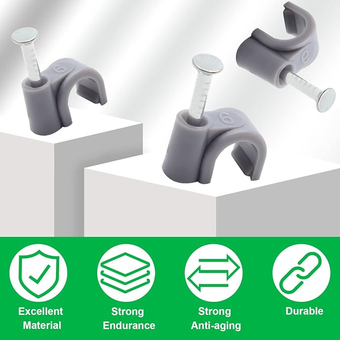 1/4" / 6mm Half Clamp J-Hook Cable Clips with Nail, Gray, 200pcs | Nail in Cable Clips, Ethernet Cable Nails Tacks Clips