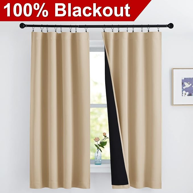 NICETOWN Bedroom Full Blackout Cold Blocking Curtain Panels, Super Thick Insulated Window Covers, Rod Pocket Draperies with Black Liner for Short Window (Biscotti Beige, Set of 2, 42 by 63-inch)