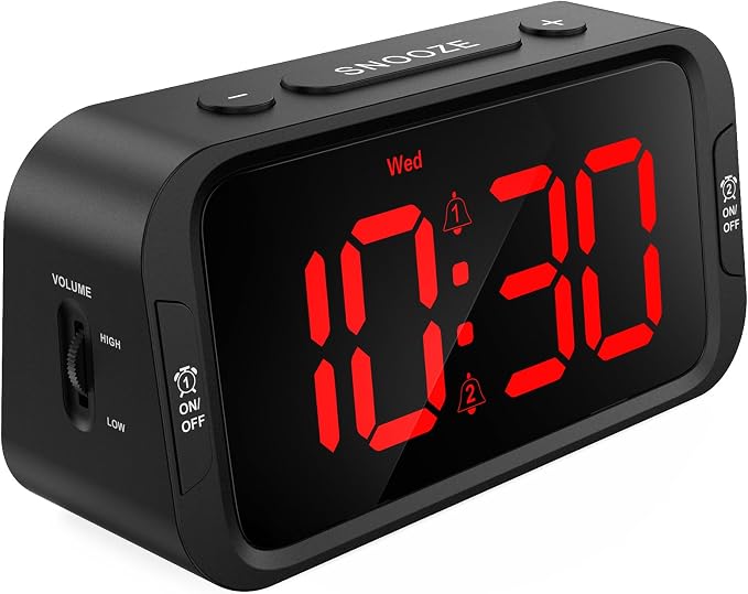 Odokee Digital Dual Alarm Clock for Bedroom with 0-100% Dimmable Display | Easy to Set Alarm Clock with Weekday/Weekend Mode - Loud Alarm for Heavy Sleepers with 5 Sounds Adjustable Volume - Red