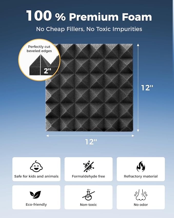 36 Pack Self-Adhesive Acoustic Foam Panels, 12 x 12 x 2 Inches High Density Pyramid Sound Proof Foam Panels for Walls, Fire Resistant Soundproof Wall Panels for Home Office & Studio (Black)
