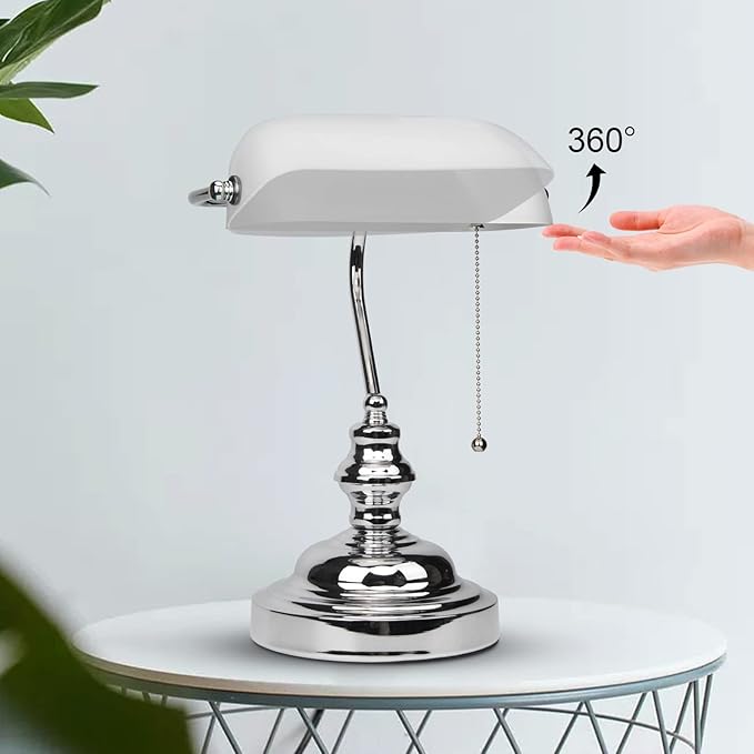 FIRVRE Bankers Lamp White Shade, Bankers Desk Lamp Library Lamp with Pull Chain, Vintage Desk Lamp for Office, Study Room
