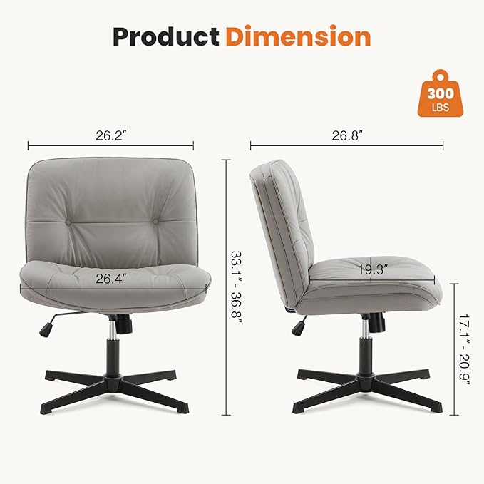 Sweetcrispy Armless-Office Desk Chair Without Wheels, Cross Legged Wide Chair, PU Leather Comfortable Adjustable Swivel Computer Task Chairs for Home,Office,Make Up,Small Space,Bed Room Grey