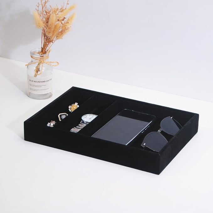 Bedside Organizer Tray, Desktop Storage Tray for Jewelry, Sunglass, Phone, Watch, Perfume,Lipstick, Nightstand Desk-top Catchall, Multi-use Holder for Desk Drawer (Black 3Grid)