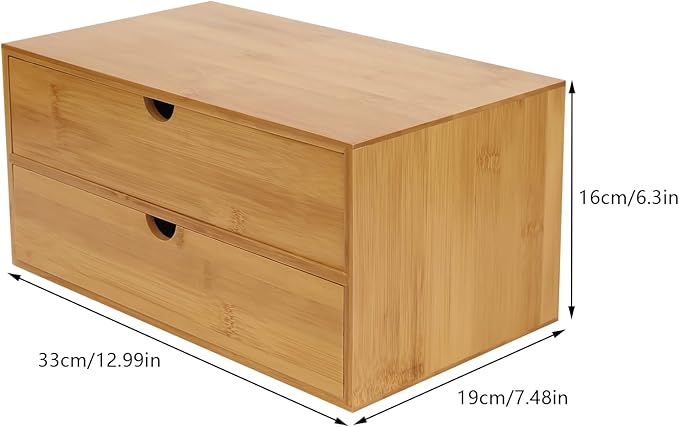 Bamboo Desk Organizer with 2 Drawers, Natural Wood Tabletop Storage Box | No-Assembly Countertop Drawer for Office Home Makeup Jewelry Stationery
