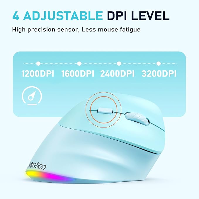 MEETION Ergonomic Mouse, Wireless Vertical Mouse RGB Backlit Rechargeable Mice for Bluetooth(5.2 + 3.0) & USB, 4 Adjustable DPI Mac/Windows/Andriod/PC/Tablet/iPad Blue