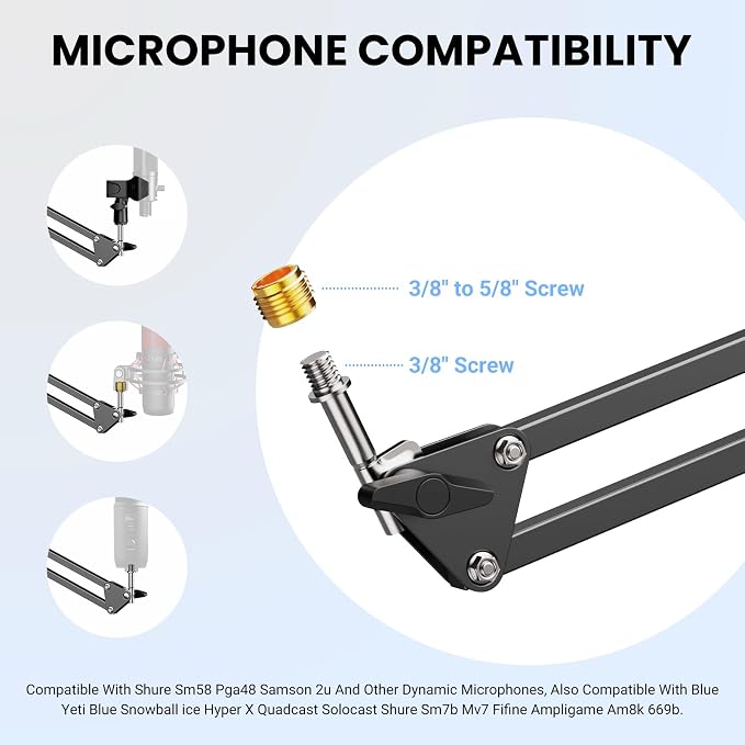 Microphone Arm Stand,Heavy Duty Adjustable Suspension Boom Scissor Microphone Stand with Clamp Clip & 3/8" to 5/8" Adapter and Cable Ties for Podcast, Streaming, Gaming, Recording