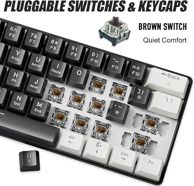 abucow 60% Mechanical Gaming Keyboard Brown Switch Wired Compact Keyboard Anti-Ghosting No-Conflict 61 Swappable keycaps Ergonomic Design for Windows/Mac (White-Black)