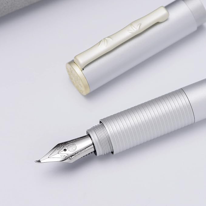 Hongdian H3 Fountain Pen Silver Bent Nib with Bamboo Pen Clip, Black Aluminum Alloy Writing Pen