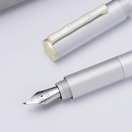Hongdian H3 Fountain Pen Silver Bent Nib with Bamboo Pen Clip, Black Aluminum Alloy Writing Pen