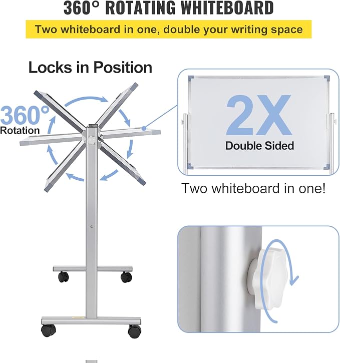 VEVOR Mobile Magnetic Whiteboard, 36 x 24 Inch, Double Sided, 360 Degree Reversible Rolling Dry Erase Board, Height Adjustable with Aluminum Frame and Lockable Swivel Wheels, for Office School Home