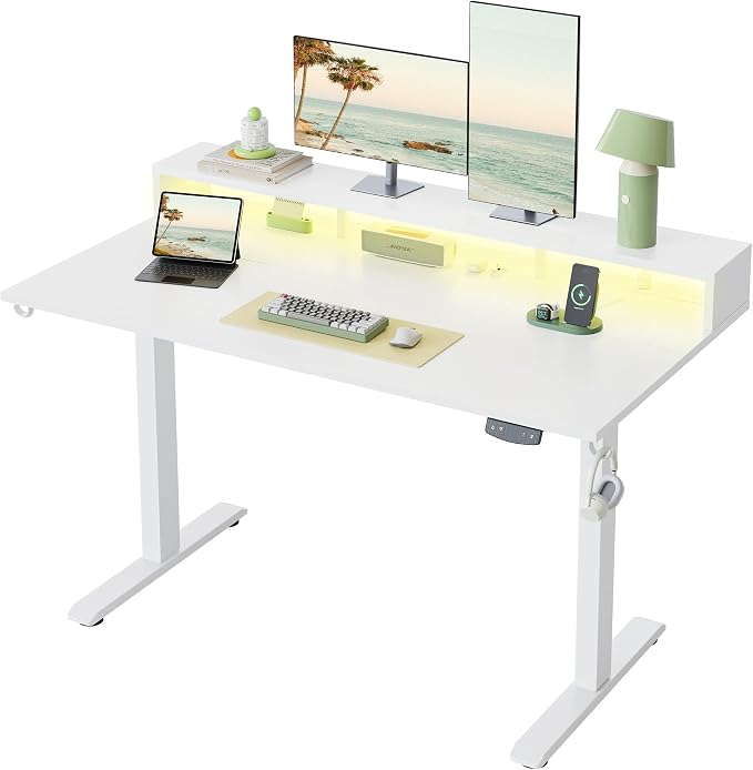 Klicelor Electric Standing Desk with Shelf, 55 Inch Height Adjustable Desk with Power Outlets & LED, Sit Stand Up Table with Monitor Stand, Computer Workstation for Home Office, White