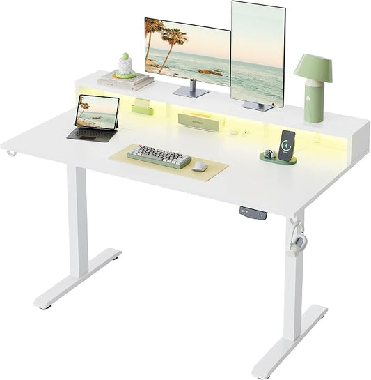 Klicelor Electric Standing Desk with Shelf, 55 Inch Height Adjustable Desk with Power Outlets & LED, Sit Stand Up Table with Monitor Stand, Computer Workstation for Home Office, White