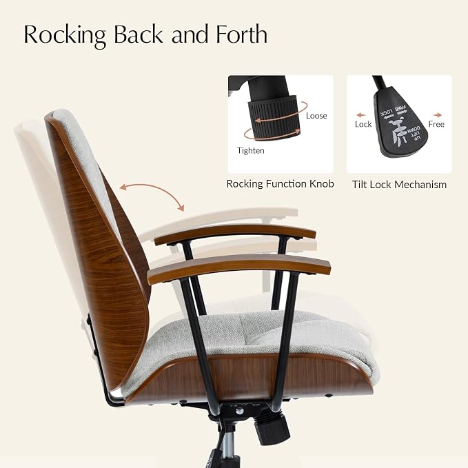 HULALA HOME Solid Wood Office Chair with Tilt Function & Metal Base, Grey | Mid Century Modern Desk Chair with Bent Wood Frame, 360° Swivel Fabric Computer Task Chair, Height Adjustable