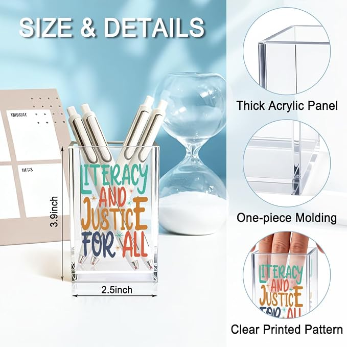 Literacy And Justice For All Acrylic Makeup Brush Pencil Holder Cup | Social Justice Gifts for Women Sister Friend Coworker, Stop Book Banning Protect Librarian, Pen Holder for Desk Accessories