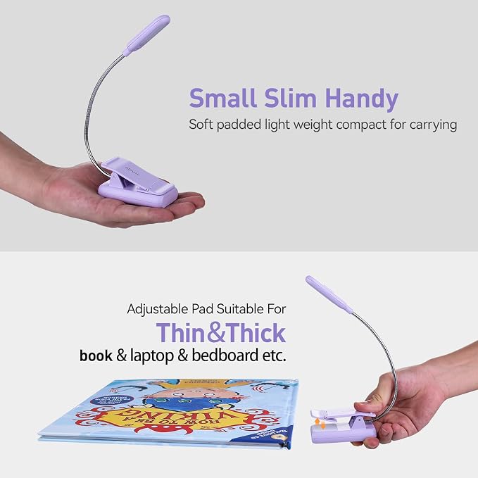 VAVOFO Rechargeable Book Light for Reading in Bed Kids, 7 LED Reading Light with 9-Level Warm Cool White Daylight, Eye Care Lamp with Power Indicator for Bookworms (Purple)