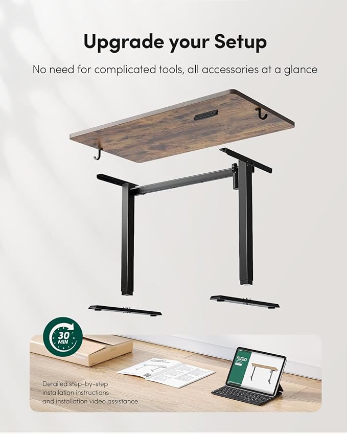 CubiCubi 55 x 24 Large One-Piece Standing Desk, Adjustable Height Electric Computer Home Office Sit Stand up Workstation, with 4 Memory Presets, Headphone Hook, Rustic Brown