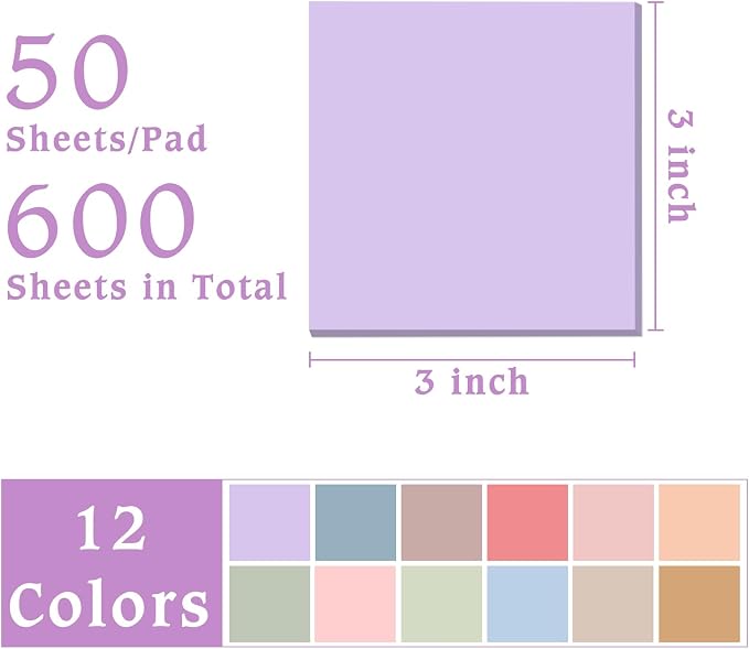 Sticky Notes 3”x3”, 12 Colors Vintage Self-Stick Note Aesthetic, 12 Pads, 50 Sheets/Pad Total 600 Sheets, Easy to Post for School Office Desk Accessories Desk Supplies (Vintage Morandi)