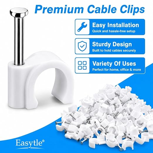 Cable Wire Clips 4mm 6mm 8mm 10mm (Pack of 200) Cable Management RG6 RG59 CAT5 CAT6 RJ45 Electrical Ethernet Dish TV Speaker Wire Cord Tie Holder Single Coaxial Nail Clamps
