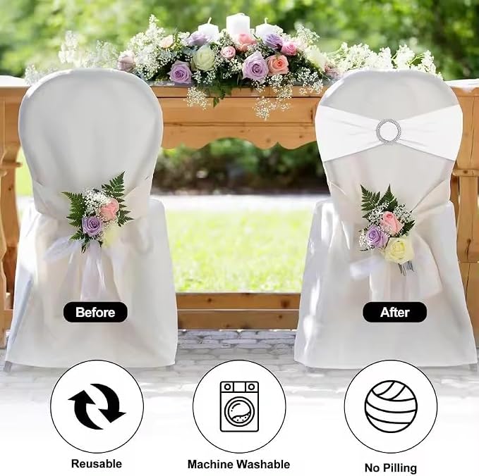 Tvoip 10PCS Chair Cover Stretch Band with Buckle Slider Sashes Bow Wedding Banquet Chair Decoration (White)