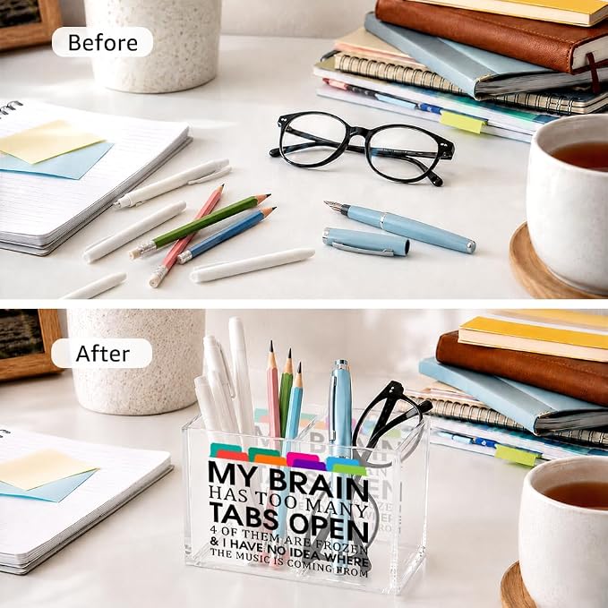 My Brain Has Too Many Tabs Open Cosmetic Organizer Pen Holder, Sarcastic Pencil Holder 2 Compartments, Humor Office Desk Organizers Accessories for Coworker, Office Gifts for Colleague Mentor