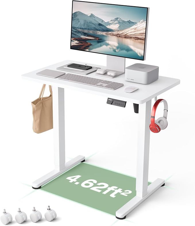 Monomi Small Electric Standing Desk, 35" x 20" Whole Piece Height Adjustable with Memory Controller, White Sit to Stand Desk Workstation for Home Office