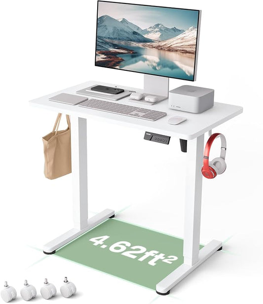 Monomi Small Electric Standing Desk, 35" x 20" Whole Piece Height Adjustable with Memory Controller, White Sit to Stand Desk Workstation for Home Office