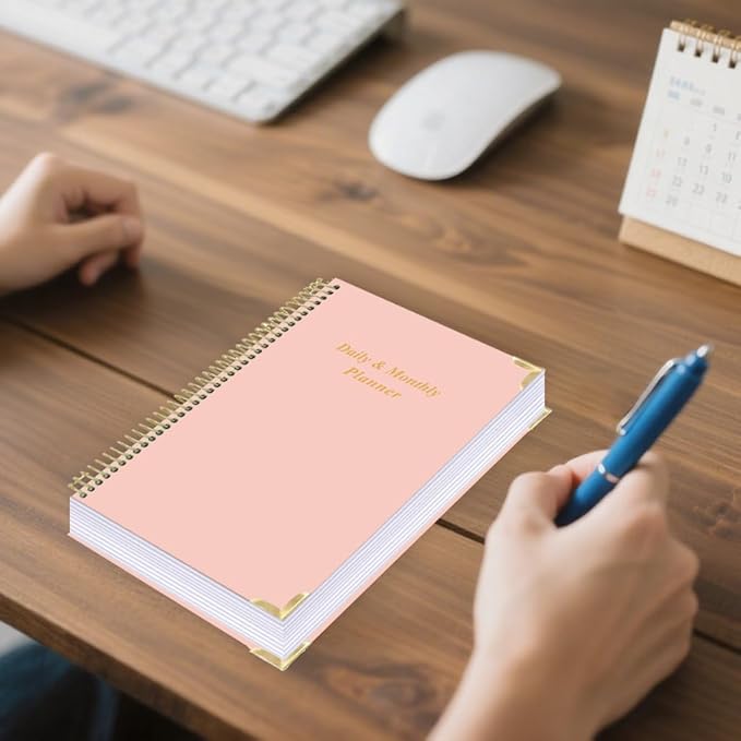 Undated Daily Monthly Planner for 2026 or Anytime - A5 To Do List with Hourly Schedule, Hardcover Spiral Bound Daily Planner to Increase Focus, Stylish School/Office Supplies, 5.8" x 8.5", Pink