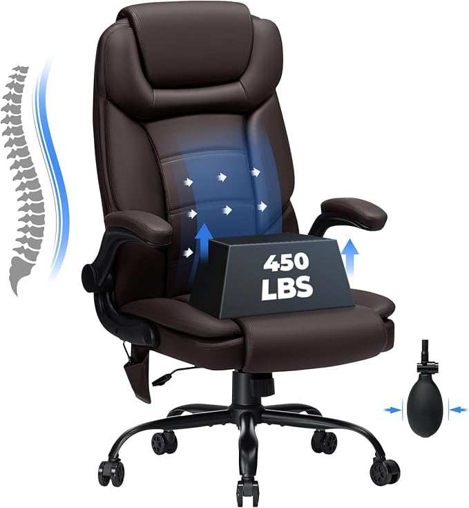 HOFFREE Executive Office Chair Big and Tall 450lbs Heavy Duty Office Chair with Adjustable Lumbar Support High Back Ergonomic Computer Leather Home Chair with Flip-up Arms for Heavy People,Brown