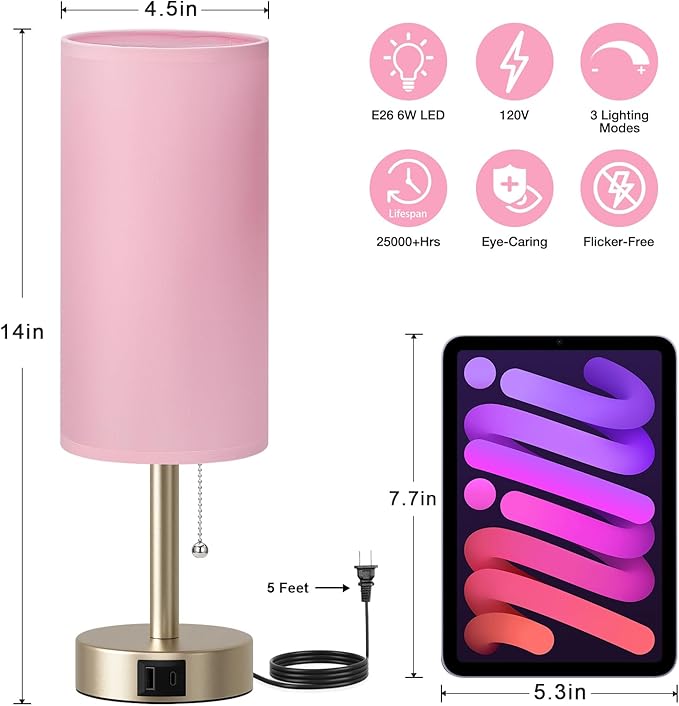 Dicoool Pink Bedside Table Lamp for Bedroom, Small Nightstand Lamp for Girls, 3 Color Temperatures & USB Charging Port, Cute Desk Lamp for Kids Teens Room Decor, Dorm Room Essentials