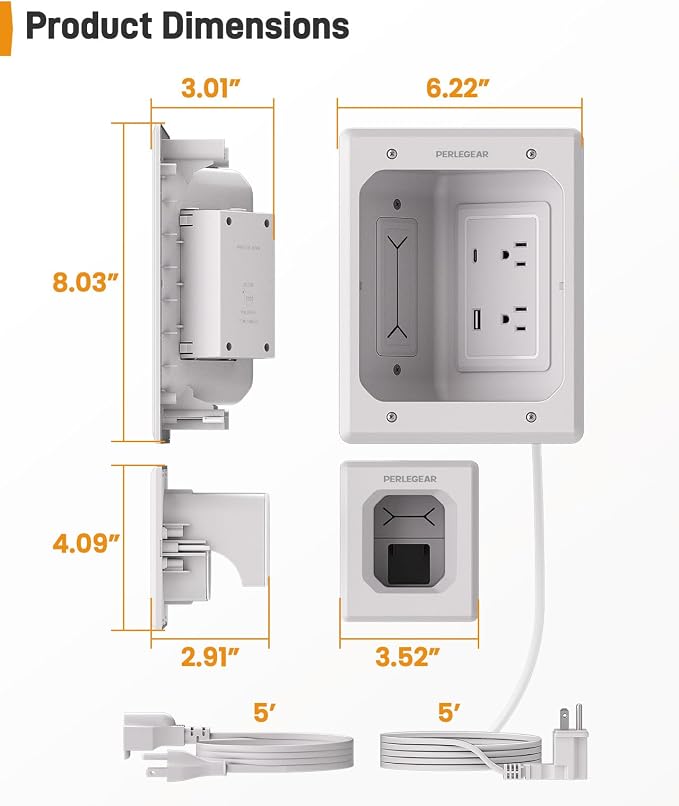 Perlegear in Wall Cable Management Kit, USB & Type C PortsTV Cord Hider & Cable Hider, Wire Hider with Recessed Power, Includes Drill Template, Dust Bag, Drywall Saw, Extension Cable