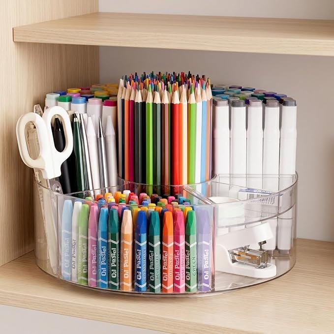 360° Rotating Pen Organizer, Large Clear Acrylic Marker Holder with 6 Compartments, 10" Lazy Susan Pencil Holder for 295 Markers, Colored Pencils, Crayons, Makeup Brushes & Desk Supplies