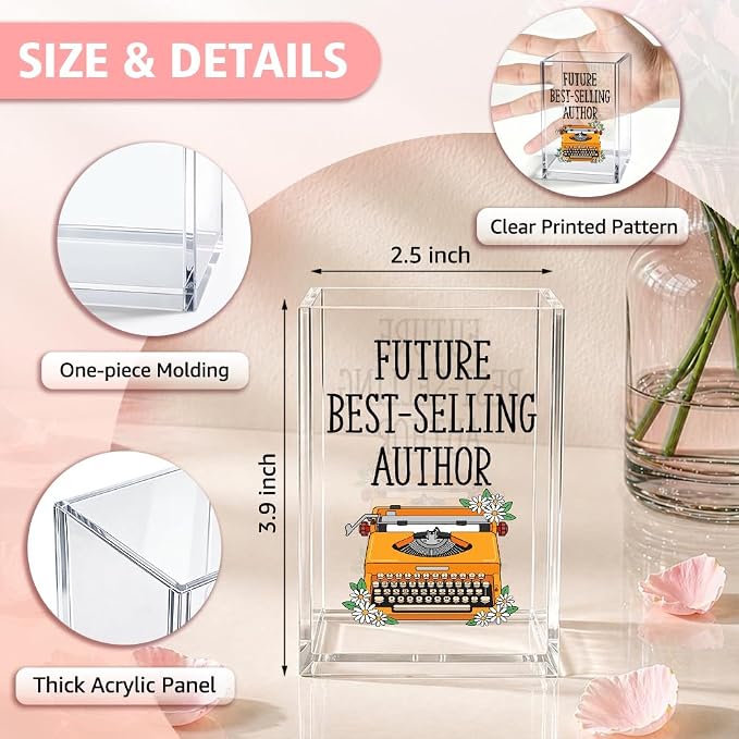 Funny Future Best-Selli Author Acrylic Pencil Holder Cup for Writer | Typewriter Pen Holder Home Office Desk Organizer, Inspirational Gifts for Authors Novelist Book Lover, Desk Accessories