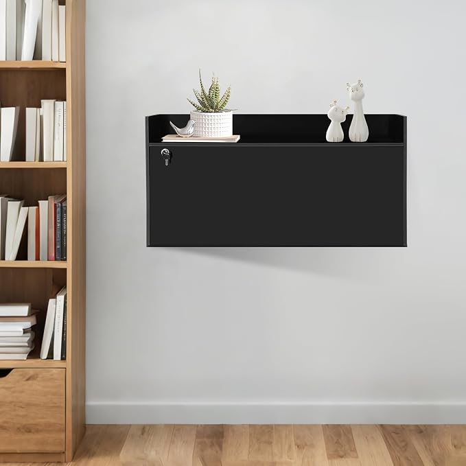 Wall-Mounted Foldable Desk Cabinet with Storage Drawers, Space-Saving PVC Organizer for Home Office, Study Room, Bedroom, Small Apartment & Remote Work (Black)