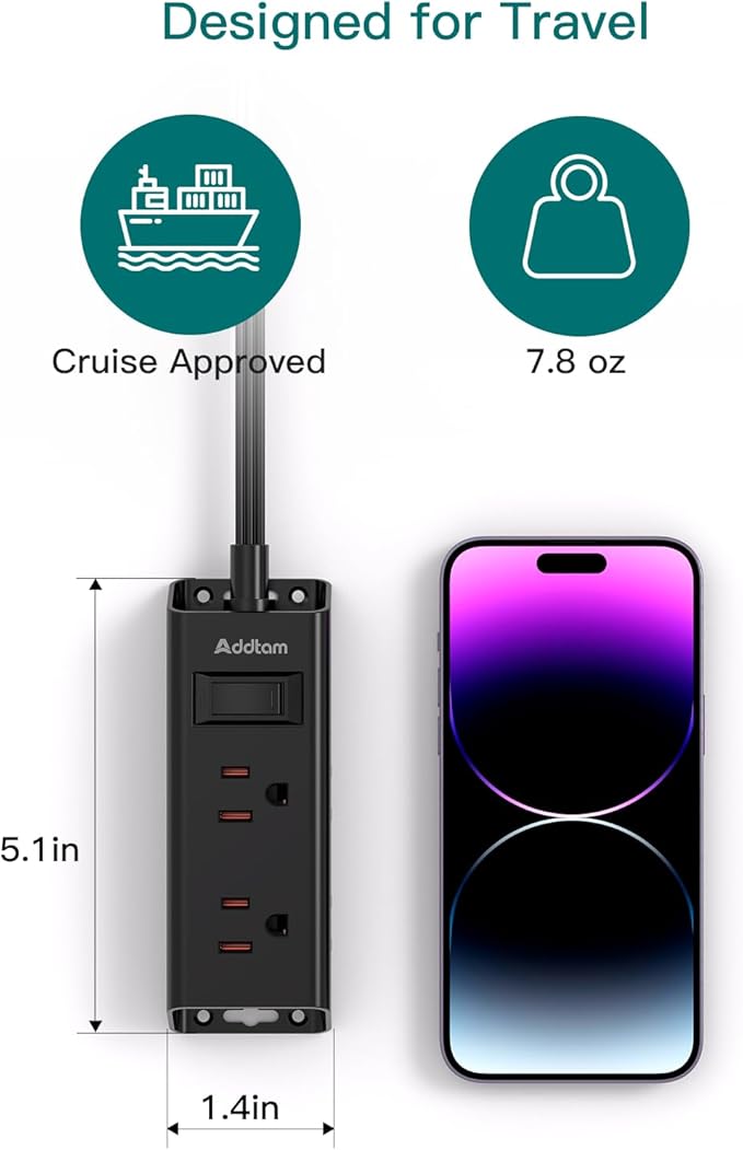Cruise Essentials, Addtam 6 ft Ultra Flat Extension Cord with 6 Outlets Extender, Flat Plug Power Strip, No Surge Protector for Cruise Ship, Travel, Dorm, Home Office, Black