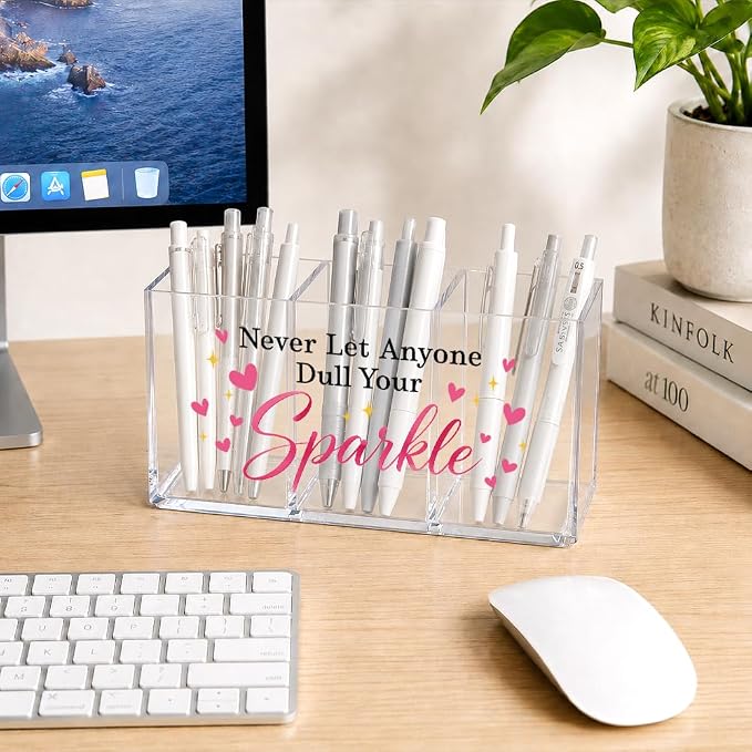 3 Compartment Pink Acrylic Pen Holder for Desk, Never Let Anyone Dull Your Sparkle Desk Organizer Decor, Back to School Inspirational Quote Gifts for Women Girl Coworker Sister Daughter Teacher