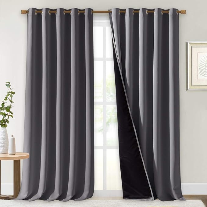 NICETOWN 100% Blackout Blinds, Laundry Room Decor Window Treatment Curtains for Large Patio Sliding Door, Thermal Insulated Grey Curtains for Bedroom, Set of 2, 70 inches x 108 inches