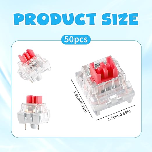 Mechanical Keyboard Switches, 50 Pcs 3 PIN Red Keyboard Clickers for 3D Prints Dustproof Clicky Switches Replacement for Most Gaming Keyboards