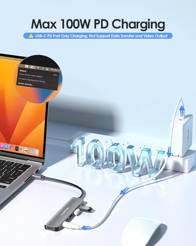 LENTION USB C Hub, Multiport with 4K@60Hz HDMI, 3xUSB-A Ports, USB-C Data Port, 100W PD Port, Compatible New MacBook Pro/Air, iPhone 17 Pro/Pro Max, Surface, Chromebook, More(CE35p, Gray)