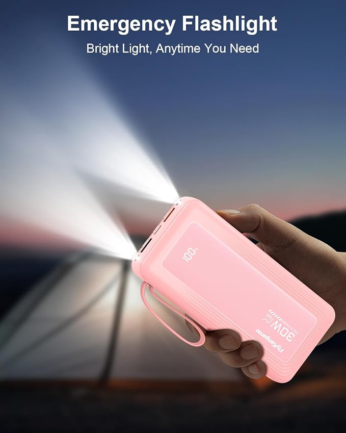 Portable Charger with Built-in Cables, 27000mAh Slim 30W Fast Charging Power Bank with LED Display, USB C Battery Pack 6 Outputs & 2 Inputs, Travel Essential Charger for iPhone, Samsung, Google etc