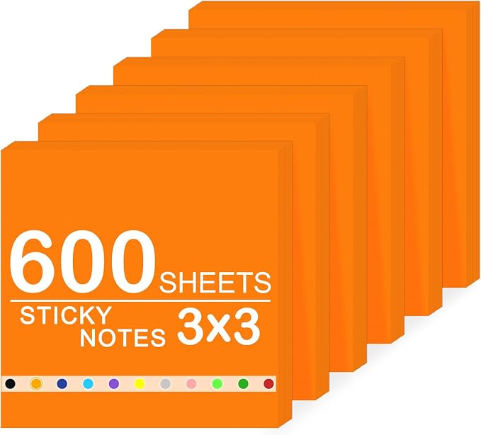 Super Sticky Notes,6 Pads Self-Stick Note Pads 3 x 3 in,600 Sheets Total Sticky Notepad Bulk Post,Office Supplies,School Supplies,Christmas Decor (Orange, 6 Pads Sticky Notes 3x3)