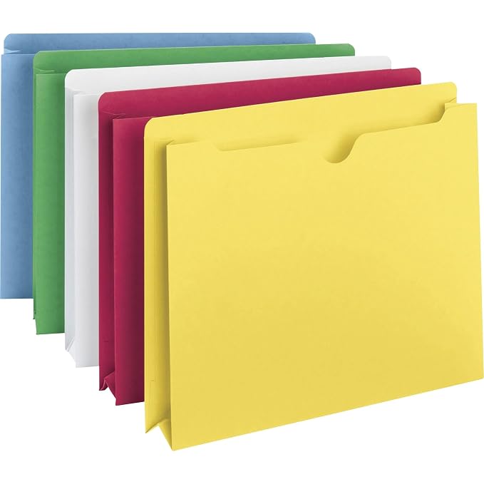 Smead File Jackets Letter Size for File Folders, Reinforced Straight-Cut Tab, 2" Expansion, Letter Size, Assorted Colors, 10 Per Pack (75688) (Pack of 5)