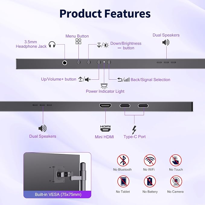 COOLHOOD 18.5 Inch Portable Monitor for Laptop, 1080P FHD 120Hz 125% sRGB USB-C HDMI Travel Monitor for PC、PS4/5 、Xbox, Portable Screen with Smart Cover, VESA Compatible